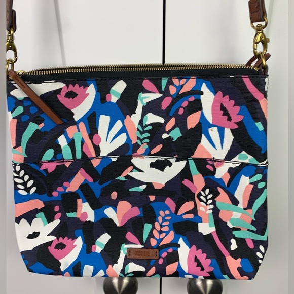 Fossil Fiona Crossbody Purse Black Floral Print Faux Leather Large - Picture 1 of 9